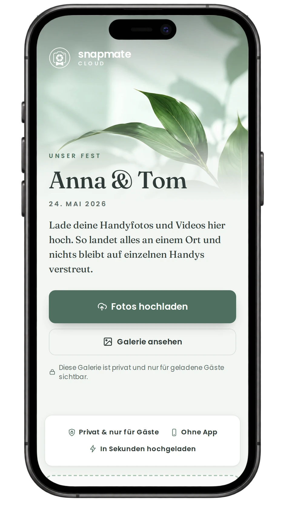 Gäste-Ansicht von snapmate Cloud auf dem Smartphone: private Galerie von Anna und Tom mit Upload-Knopf und Hochzeitsfotos